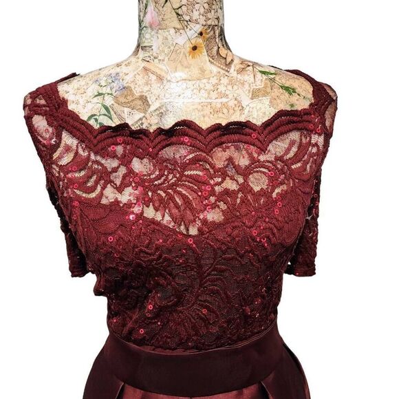 Candalite Formal Burgundy Sheer Lace Sequin Satin Skirt Long Gown Maxi Dress - Picture 5 of 10